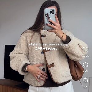 NWT Zara Beige Teddy Jacket with Brown Accents